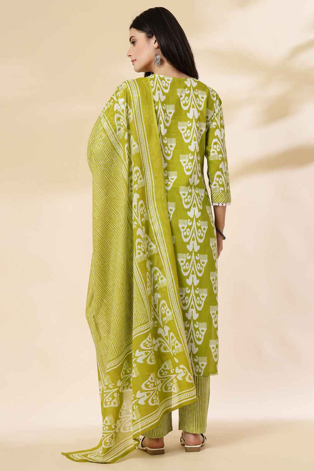 Green Floral Printed Cotton Kurti Pant Set
