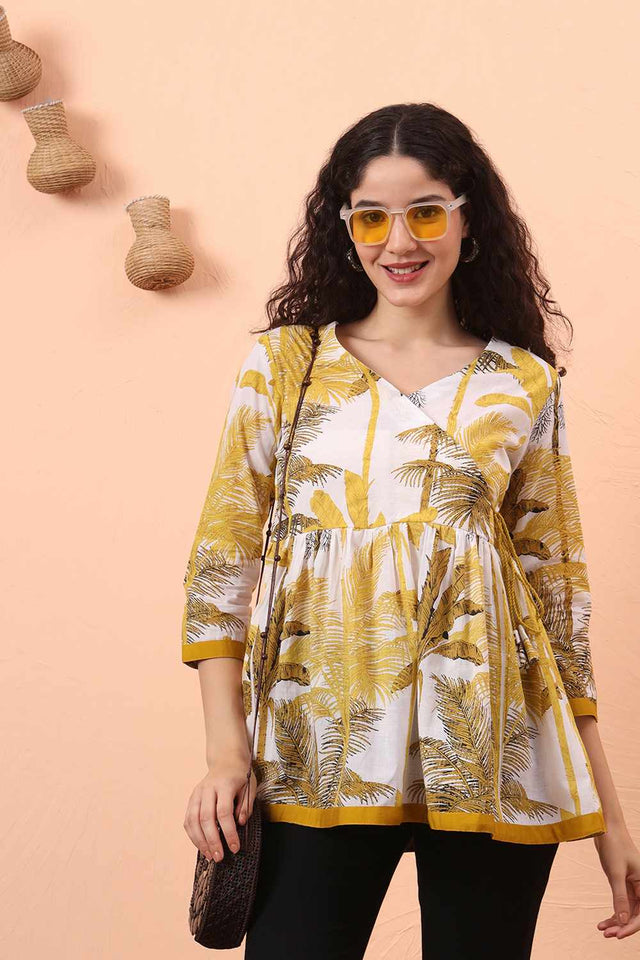 Mustard & White Printed Cotton Tops & Tunics