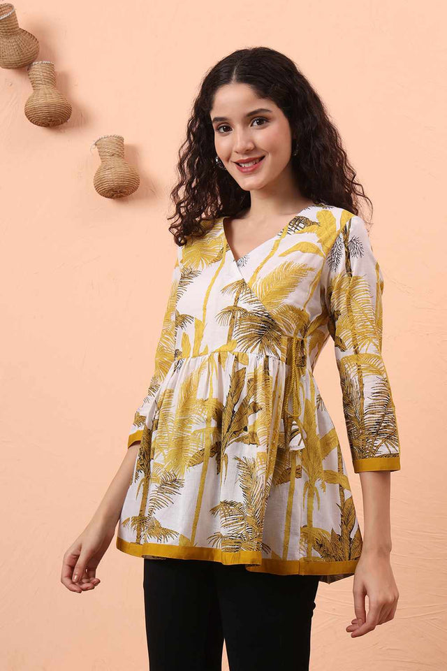 Mustard & White Printed Cotton Tops & Tunics