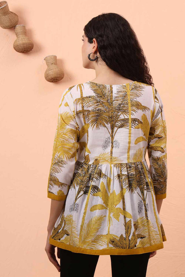 Mustard & White Printed Cotton Tops & Tunics