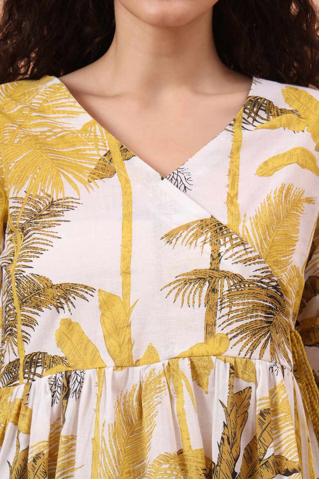 Mustard & White Printed Cotton Tops & Tunics