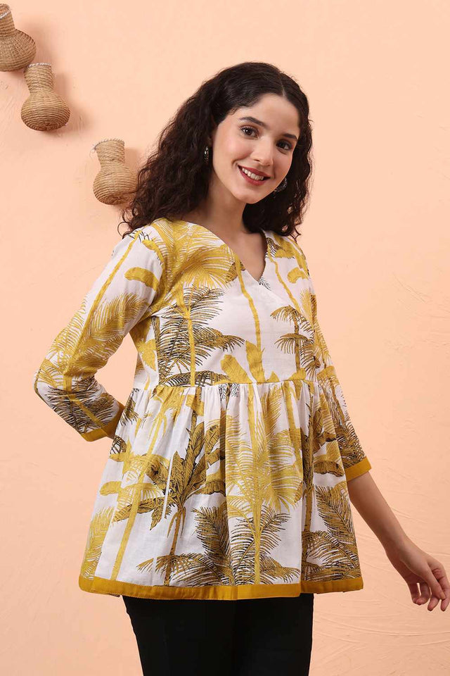 Mustard & White Printed Cotton Tops & Tunics