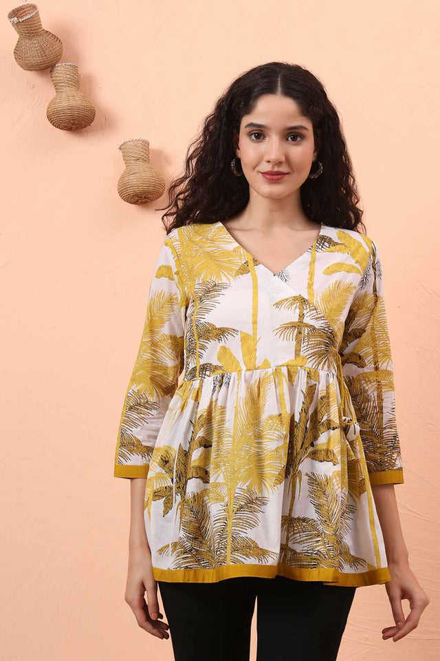 Mustard & White Printed Cotton Tops & Tunics