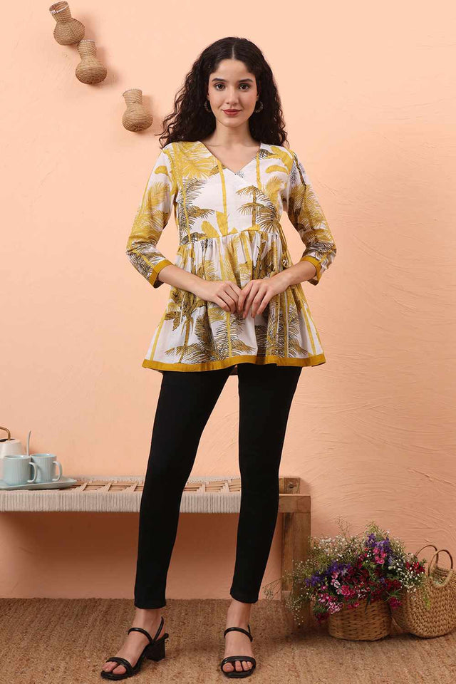 Mustard & White Printed Cotton Tops & Tunics