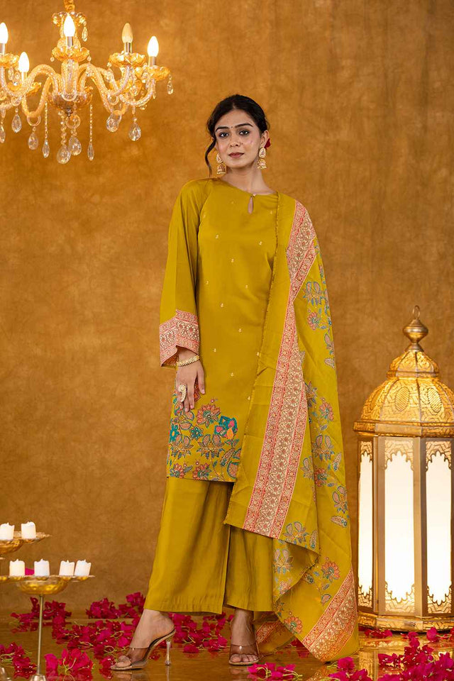 Green Floral Print Silk Kurti Pant Set