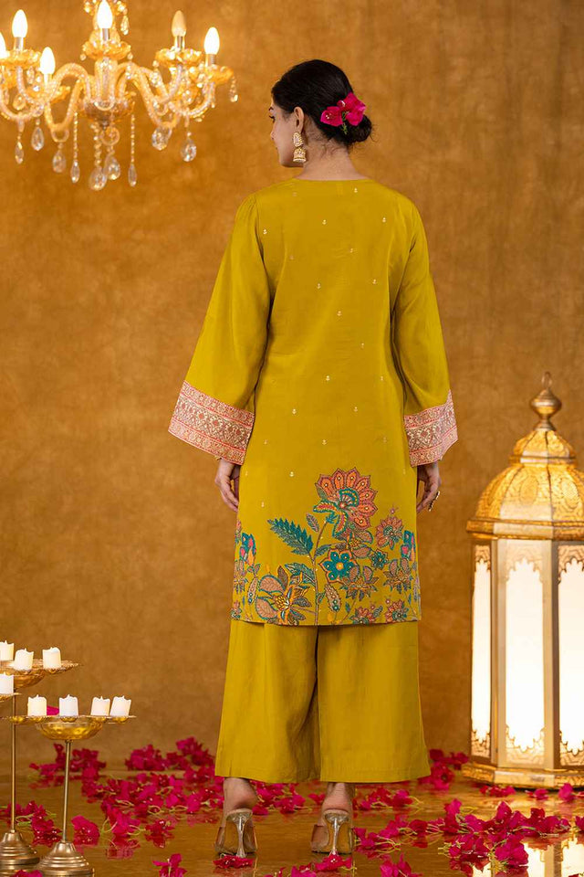 Green Floral Print Silk Kurti Pant Set