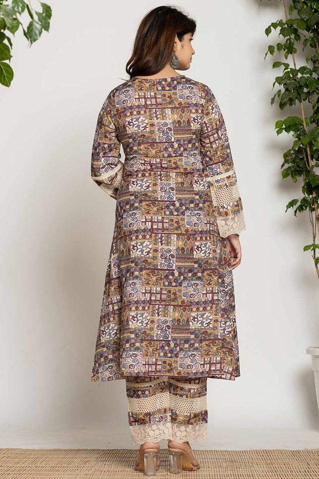 Beige Ethnic Motifs Printed Cotton Kurti Pant Set