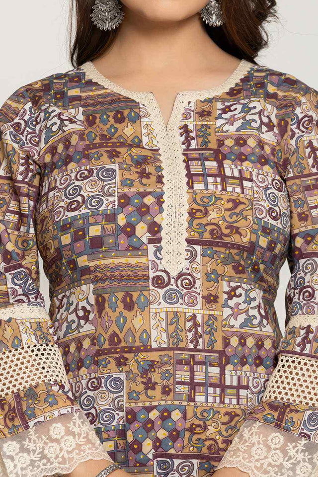 Beige Ethnic Motifs Printed Cotton Kurti Pant Set