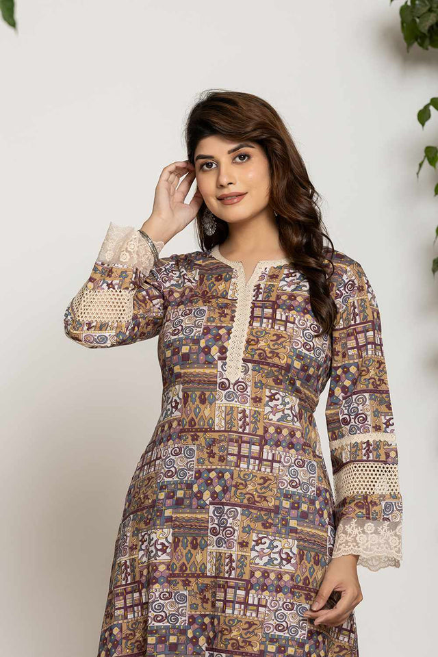 Beige Ethnic Motifs Printed Cotton Kurti Pant Set