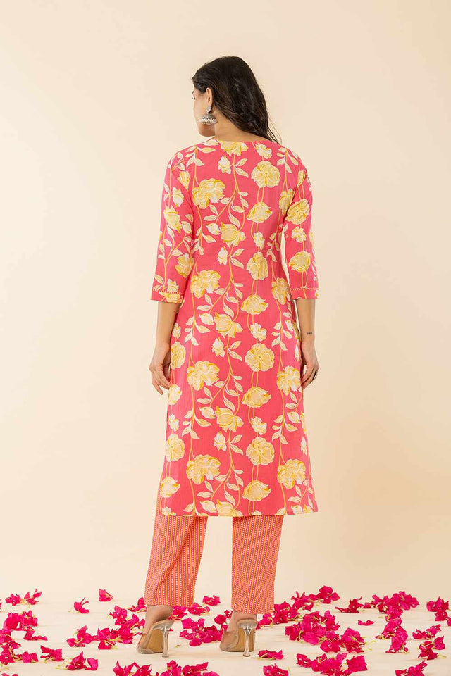 Pink Floral print Cotton Kurti Pant Set
