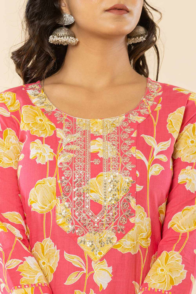 Pink Floral print Cotton Kurti Pant Set