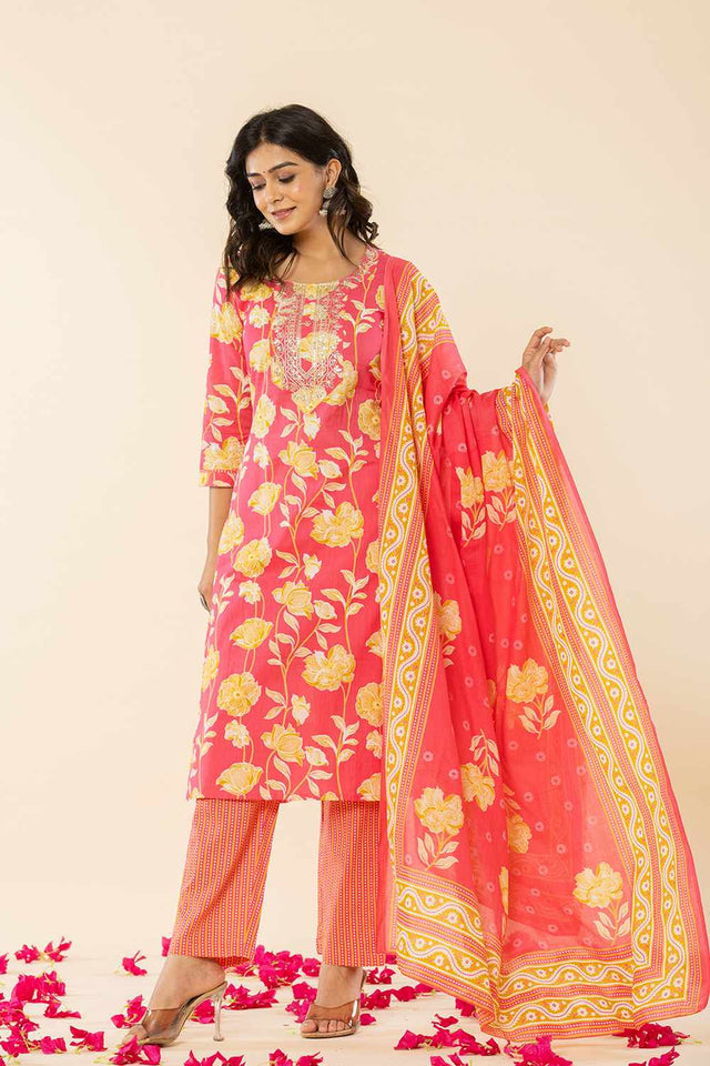 Pink Floral print Cotton Kurti Pant Set