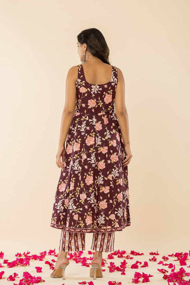Brown Floral print Cotton Kurti Pant Set