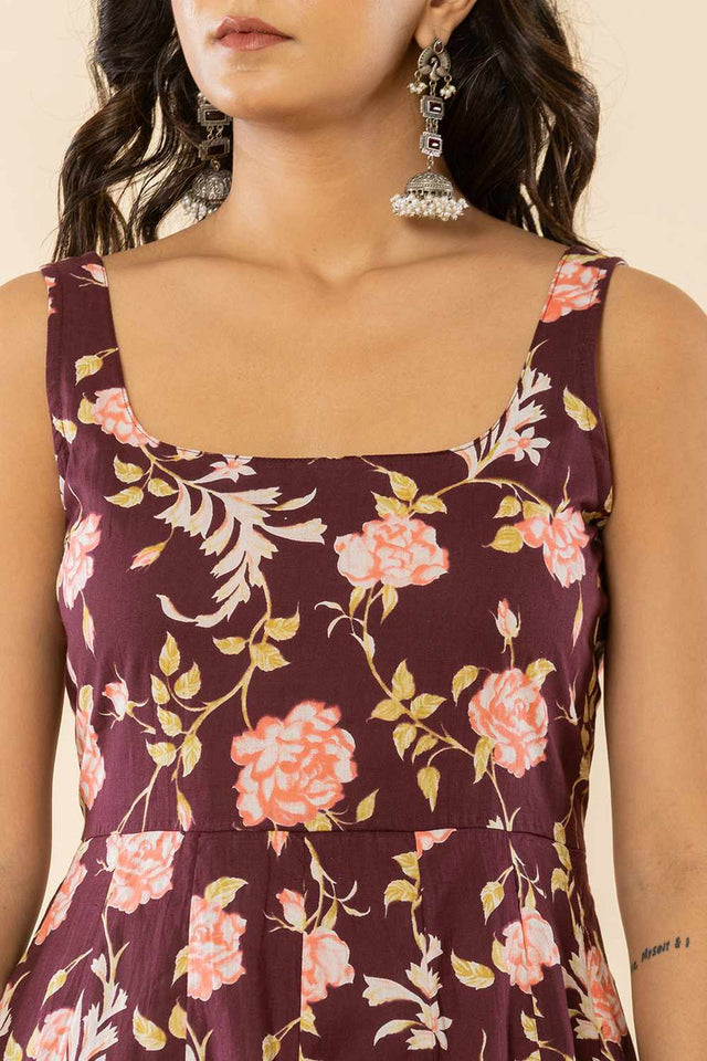 Brown Floral print Cotton Kurti Pant Set