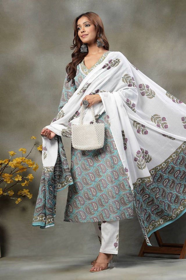 Blue Paisley Printed Cotton Straight Cut Suit Set