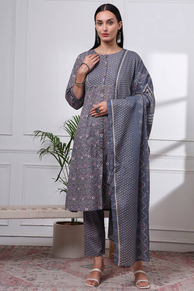 Grey Floral Printed Cotton Straight Cut Suit Set