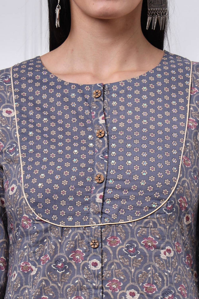 Grey Floral Printed Cotton Straight Cut Suit Set