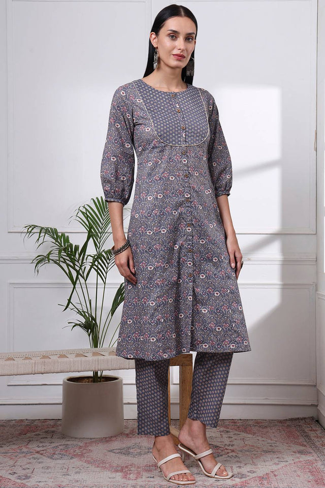 Grey Floral Printed Cotton Straight Cut Suit Set