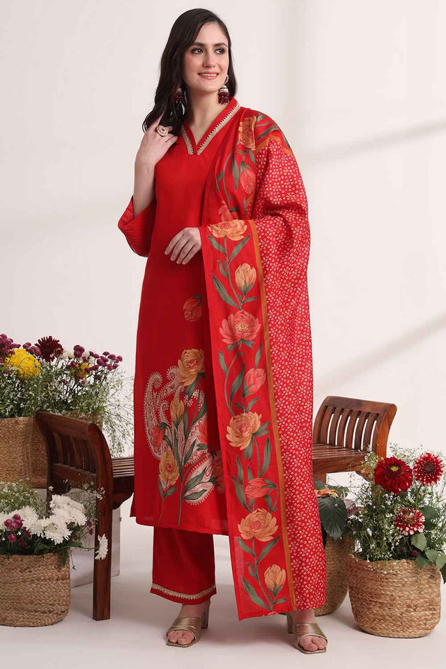 Red Floral Solid Silk Kurti Pant Set