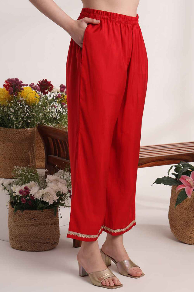 Red Floral Solid Silk Kurti Pant Set