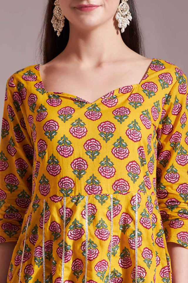 Mustard Floral Printed Cotton Anarkali Suit Set