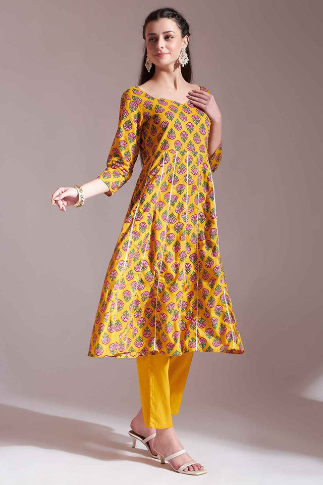 Mustard Floral Printed Cotton Anarkali Suit Set