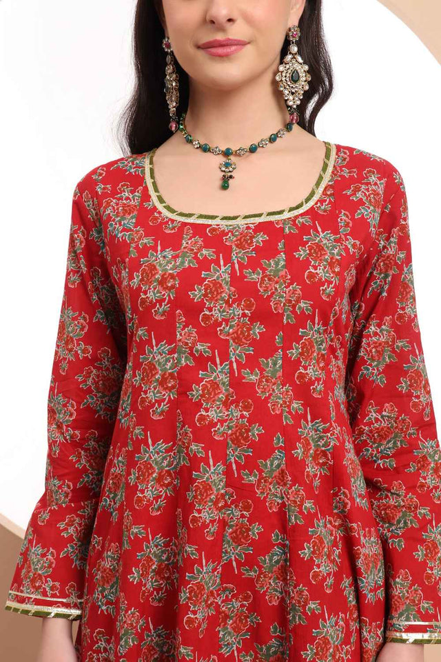 Red Floral Printed Cotton Anarkali Suit Set