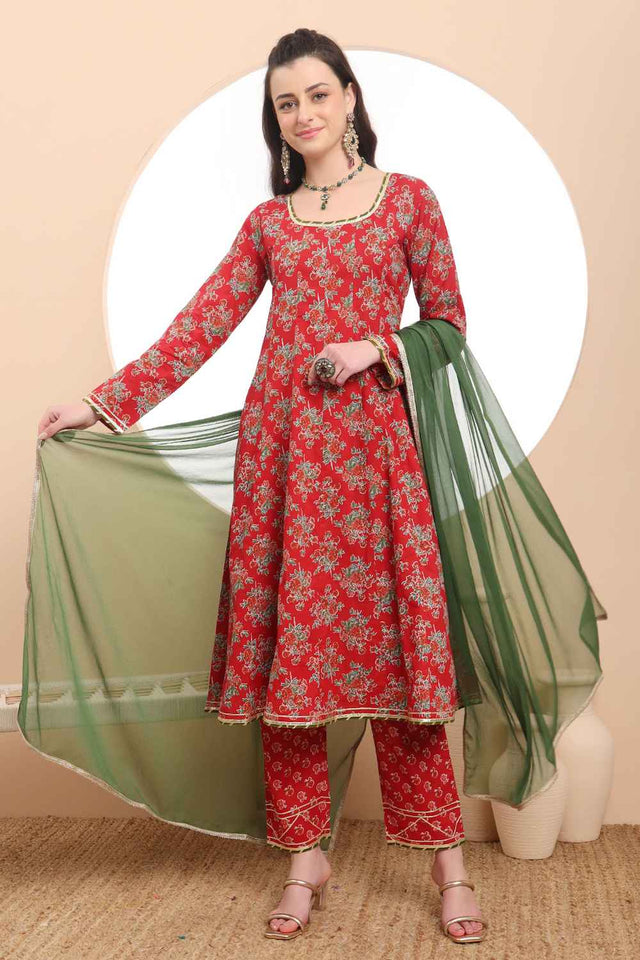 Red Floral Printed Cotton Anarkali Suit Set