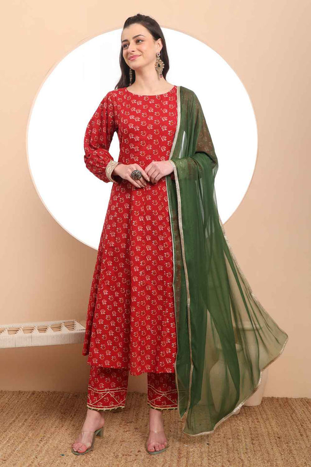 Red Floral Printed Cotton Anarkali Suit Set