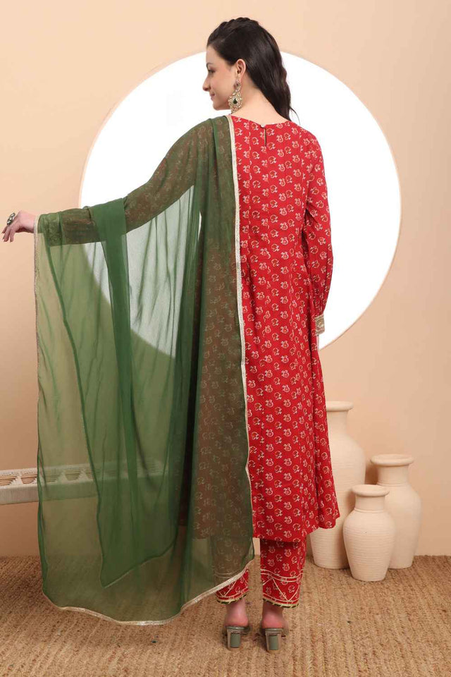 Red Floral Printed Cotton Anarkali Suit Set