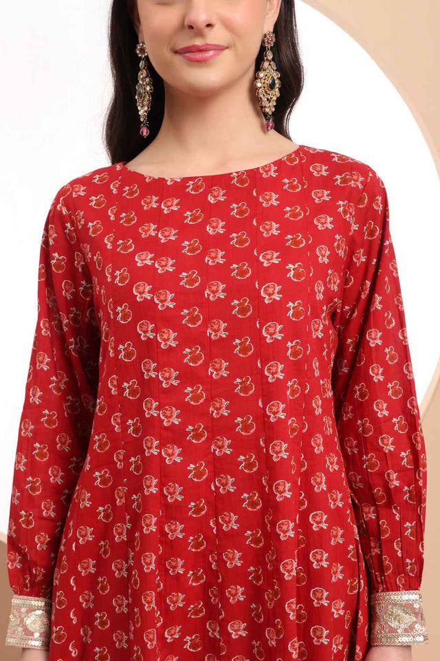 Red Floral Printed Cotton Anarkali Suit Set