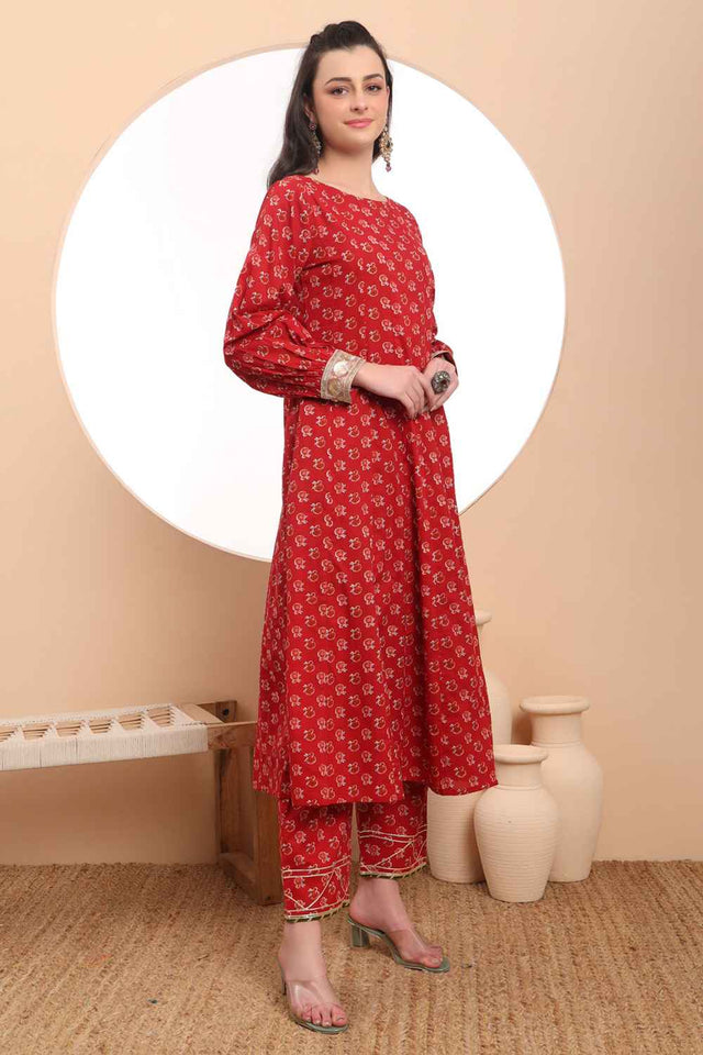 Red Floral Printed Cotton Anarkali Suit Set