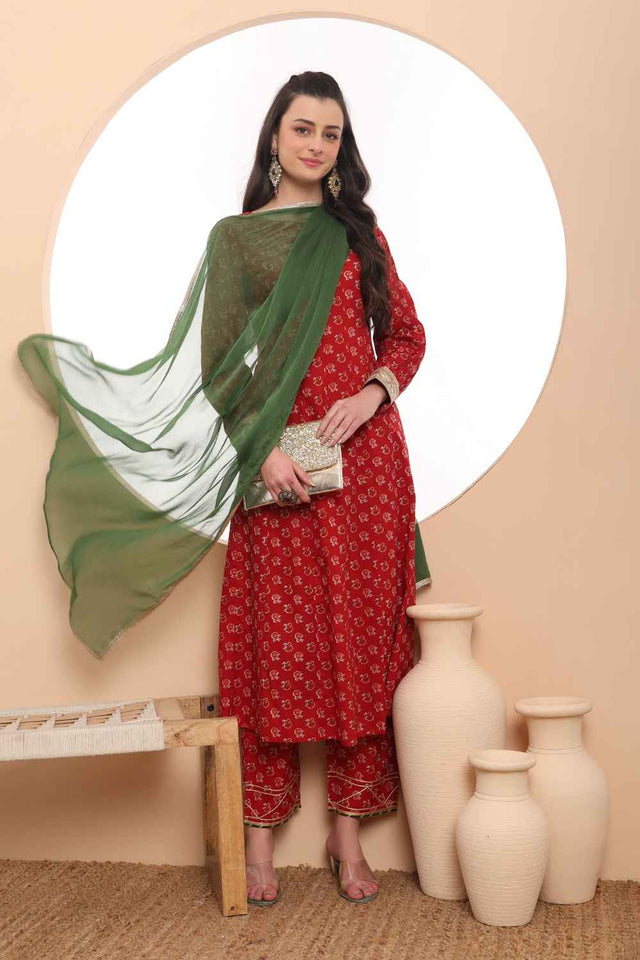 Red Floral Printed Cotton Anarkali Suit Set