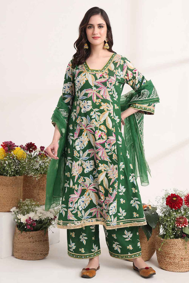 Green Floral Printed Cotton Kurti Pant Set