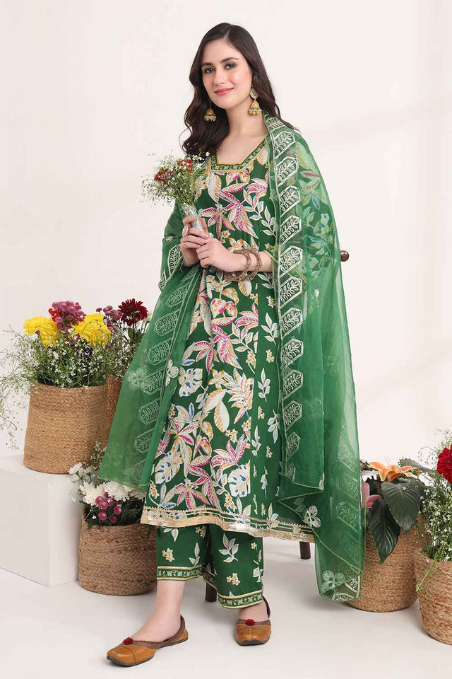 Green Floral Printed Cotton Kurti Pant Set