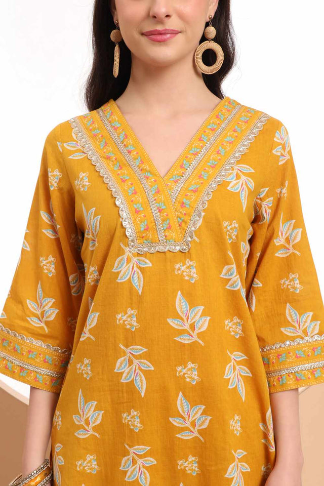Mustard Floral Print Cotton Kurti Pant Set