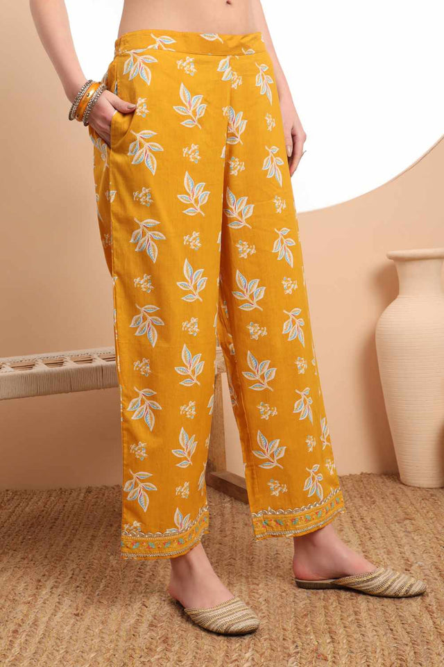 Mustard Floral Print Cotton Kurti Pant Set
