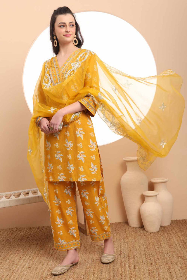 Mustard Floral Print Cotton Kurti Pant Set