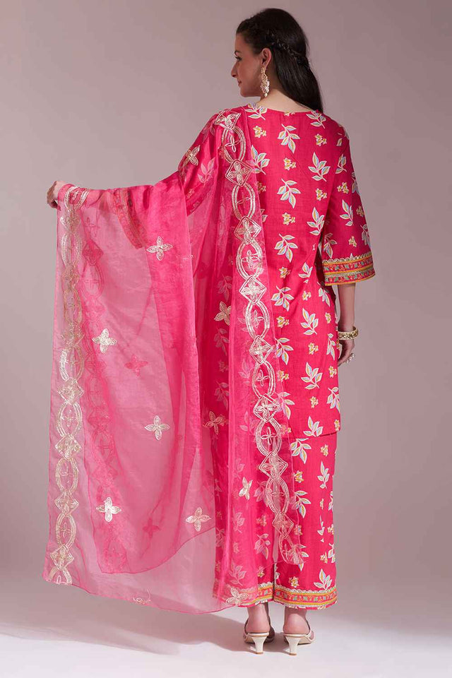 Pink Floral Printed Cotton Kurti Pant Set