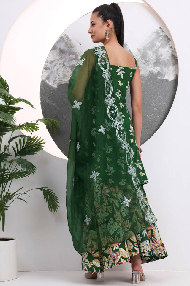Green Floral Printed Cotton Palazzo Suit Set