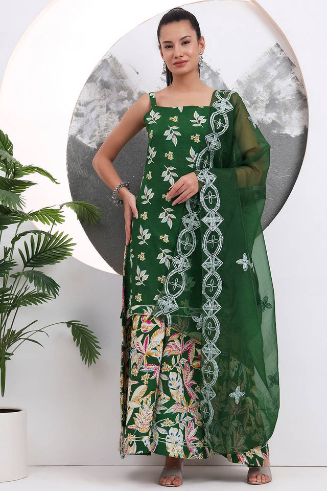 Green Floral Printed Cotton Palazzo Suit Set