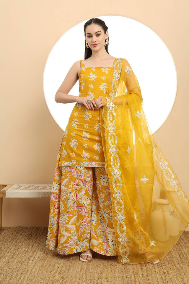 Mustard Floral Printed Cotton Palazzo Suit Set