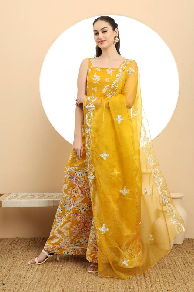 Mustard Floral Printed Cotton Palazzo Suit Set