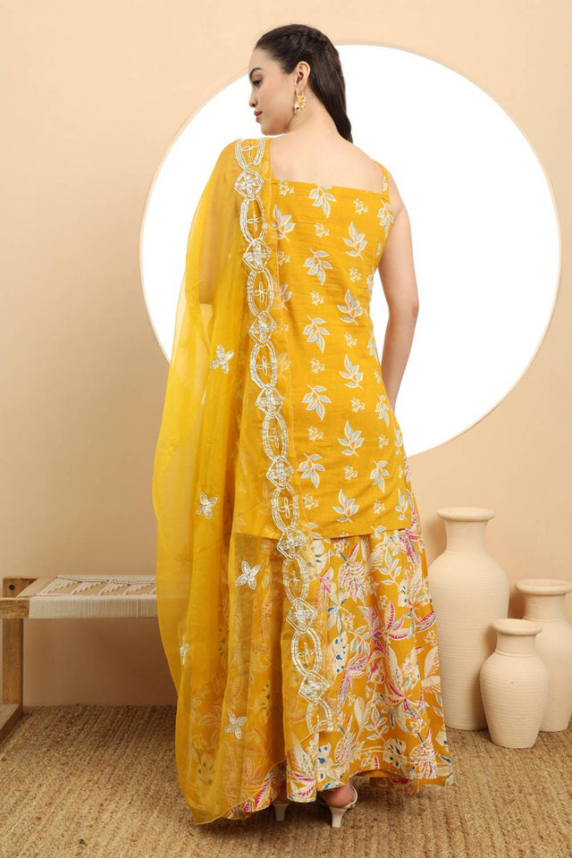 Mustard Floral Printed Cotton Palazzo Suit Set