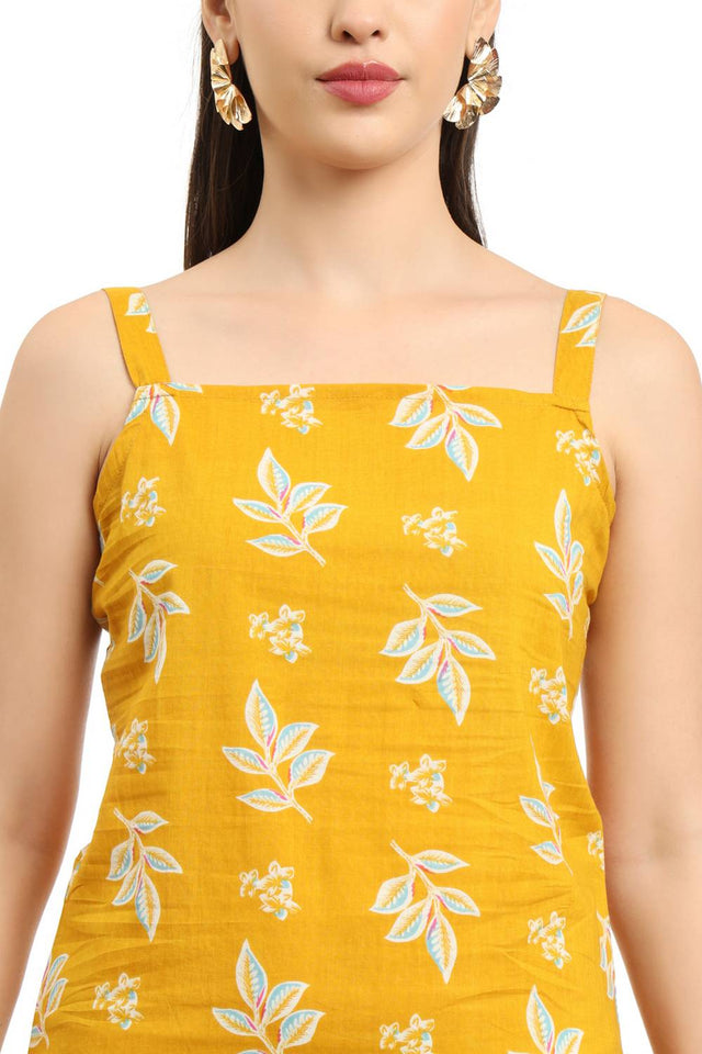 Mustard Floral Printed Cotton Palazzo Suit Set