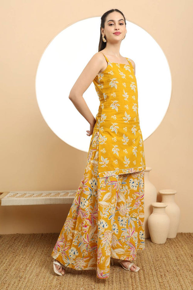 Mustard Floral Printed Cotton Palazzo Suit Set