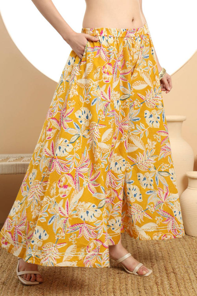 Mustard Floral Printed Cotton Palazzo Suit Set