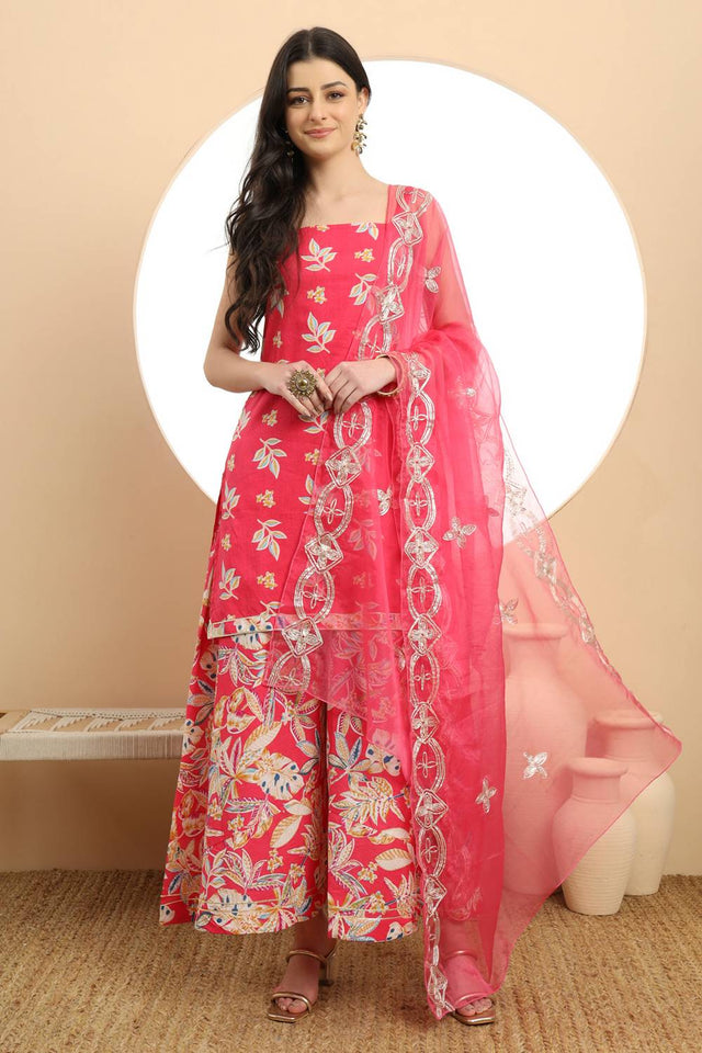Pink Floral Printed Cotton Palazzo Suit Set
