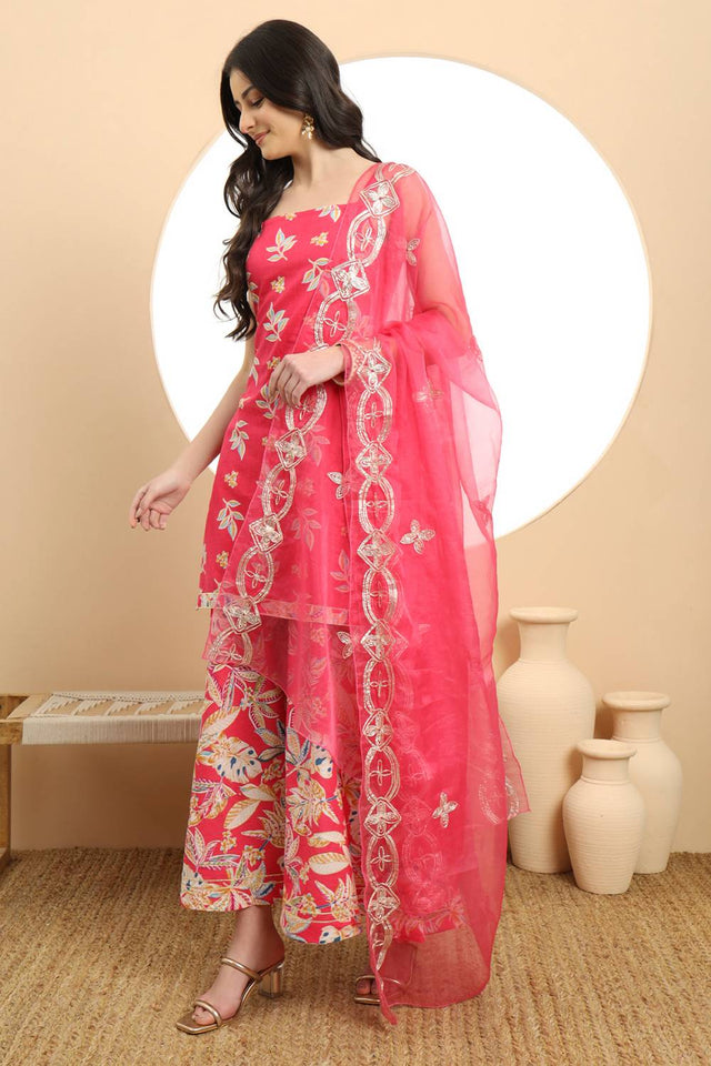 Pink Floral Printed Cotton Palazzo Suit Set