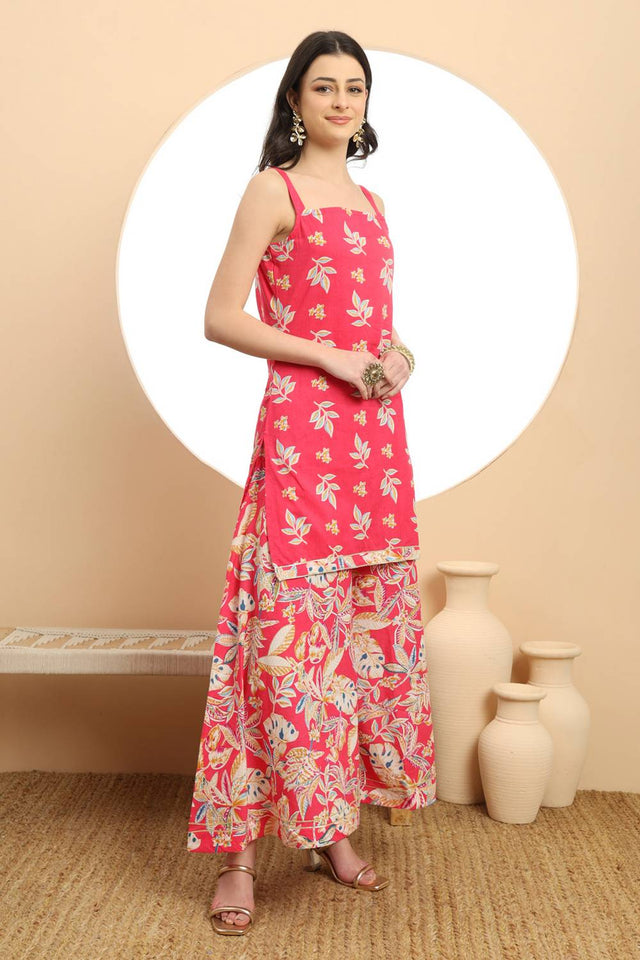 Pink Floral Printed Cotton Palazzo Suit Set